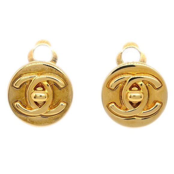 Chanel CC Turnlock Button Earrings Gold Clip-On 97A - Picture 1 of 4